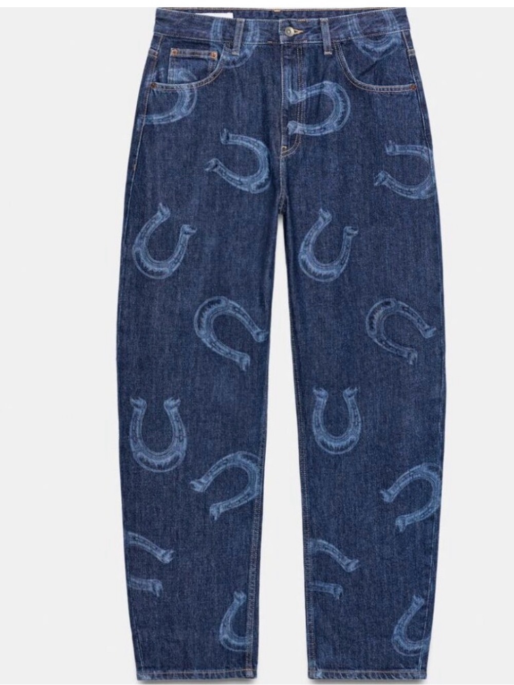 Zara Relaxed Dark Blue Horseshoe-Print Jeans